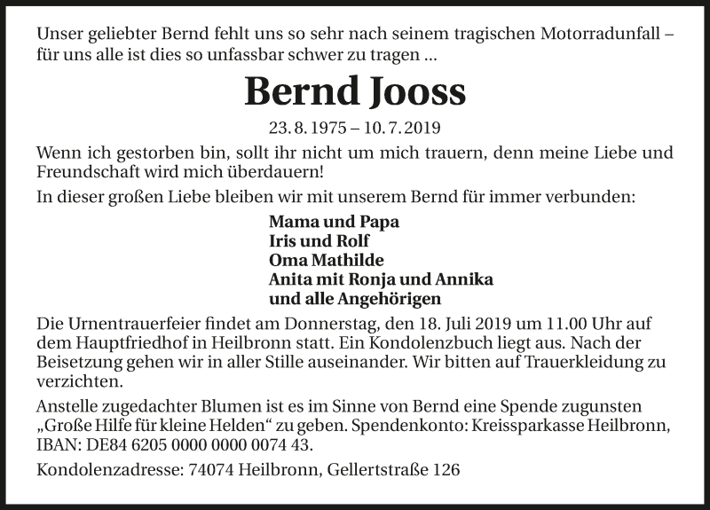  Traueranzeige für Bernd Jooss vom 15.07.2019 aus 