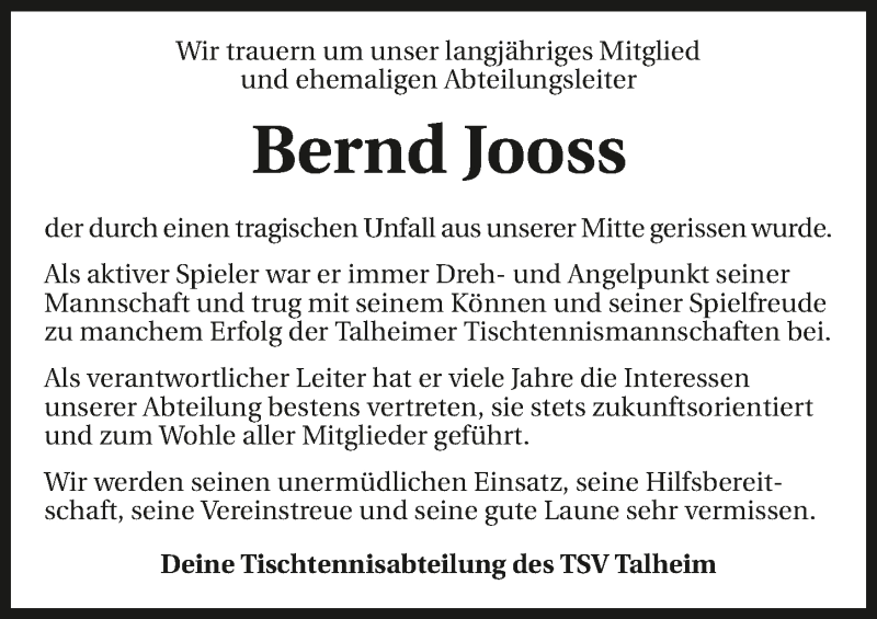  Traueranzeige für Bernd Jooss vom 16.07.2019 aus 