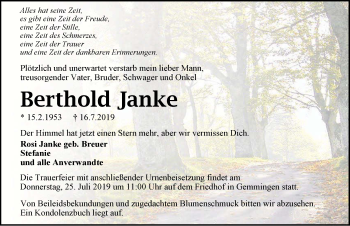 Traueranzeige von Berthold Janke 