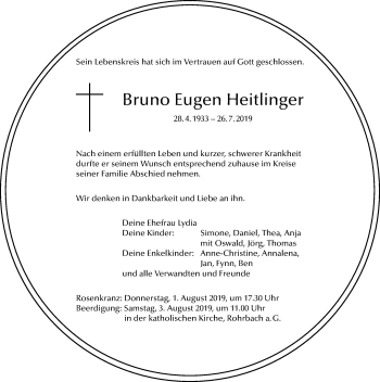 Traueranzeige von Bruno Eugen Heitlinger 