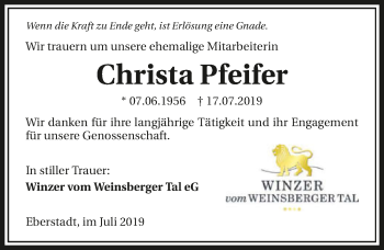 Traueranzeige von Christa Pfeifer 