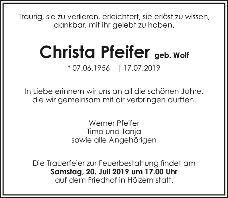  Traueranzeige für Christa Pfeifer vom 18.07.2019 aus 