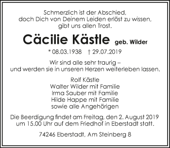 Traueranzeige von Cäcilie Kästle 