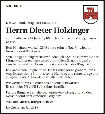 Traueranzeige von Dieter Holzinger 