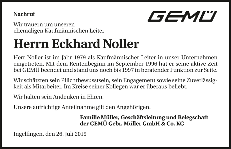  Traueranzeige für Eckhard Noller vom 26.07.2019 aus 