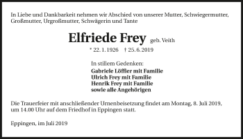 Traueranzeige von Elfriede Frey 