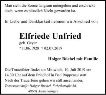 Traueranzeige von Elfriede Unfried 