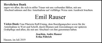 Traueranzeige von Emil Rauser 