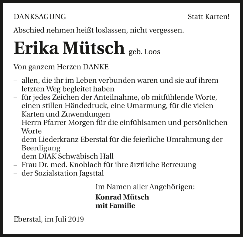  Traueranzeige für Erika Mütsch vom 26.07.2019 aus 