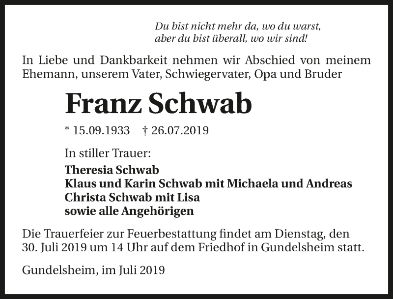  Traueranzeige für Franz Schwab vom 27.07.2019 aus 
