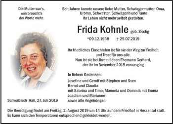 Traueranzeige von Frida Kohnle 