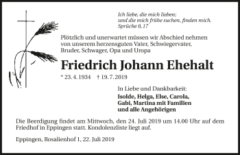Traueranzeige von Friedrich Johann Ehehalt 