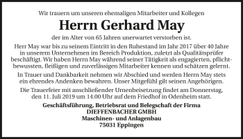 Traueranzeige von Gerhard May 