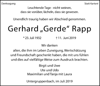 Traueranzeige von Gerhard Rapp 