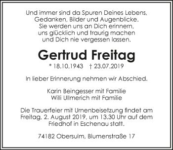 Traueranzeige von Gertrud Freitag 