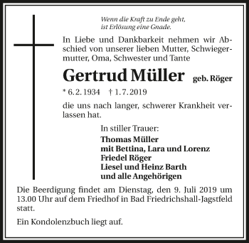 Traueranzeige von Gertrud Müller 