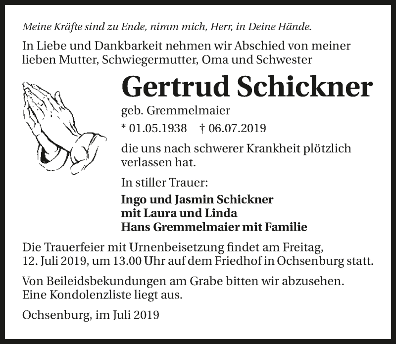  Traueranzeige für Gertrud Schickner vom 11.07.2019 aus 