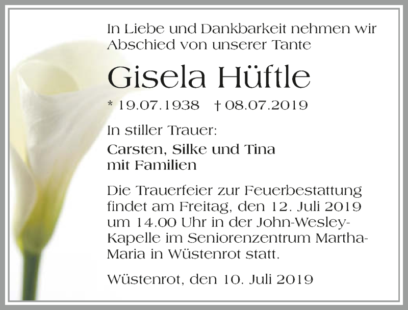  Traueranzeige für Gisela Hüftle vom 10.07.2019 aus 