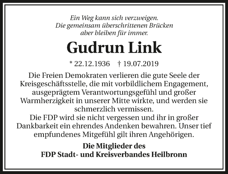  Traueranzeige für Gudrun Link vom 24.07.2019 aus 
