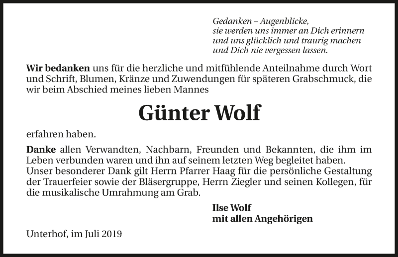  Traueranzeige für Günter Wolf vom 31.07.2019 aus 