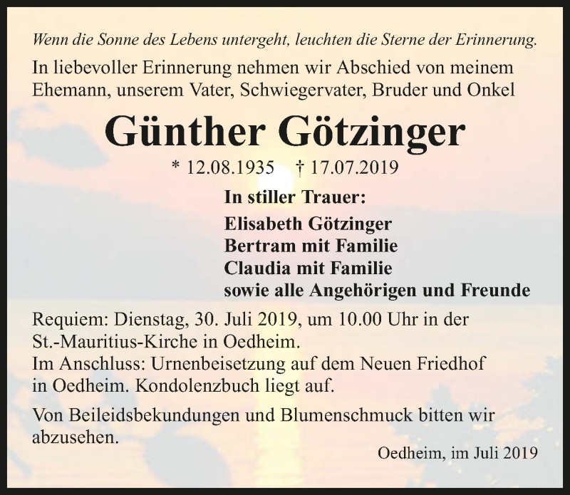  Traueranzeige für Günther Götzinger vom 27.07.2019 aus 