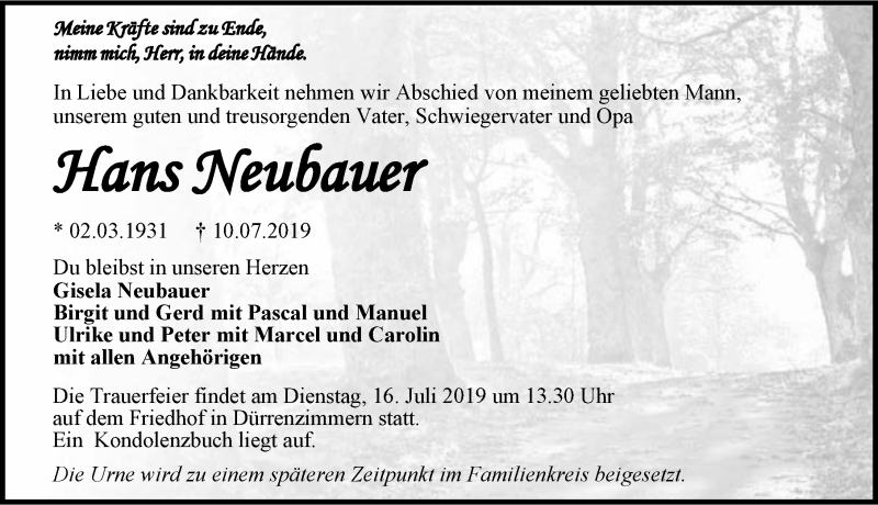  Traueranzeige für Hans Neubauer vom 12.07.2019 aus 