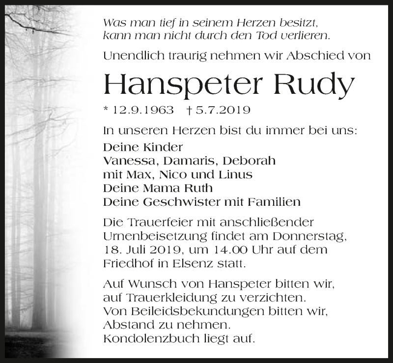  Traueranzeige für Hanspeter Rudy vom 16.07.2019 aus 
