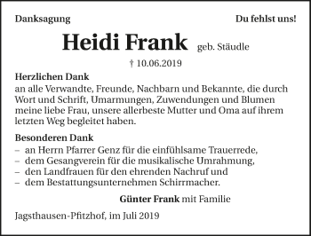 Traueranzeige von Heidi Frank 