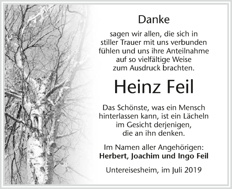 Traueranzeige für Heinz Feil vom 27.07.2019 aus 