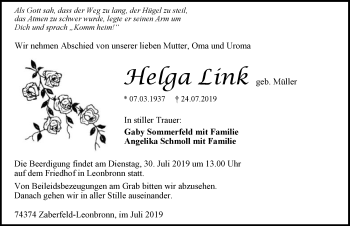 Traueranzeige von Helga Link 