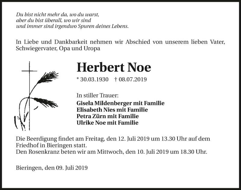  Traueranzeige für Herbert Noe vom 10.07.2019 aus 