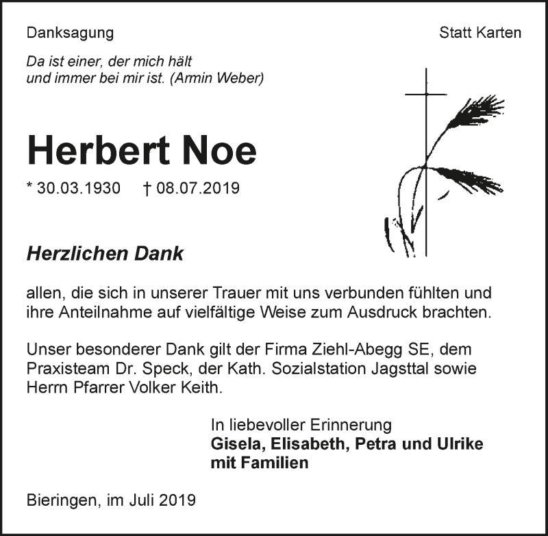  Traueranzeige für Herbert Noe vom 27.07.2019 aus 