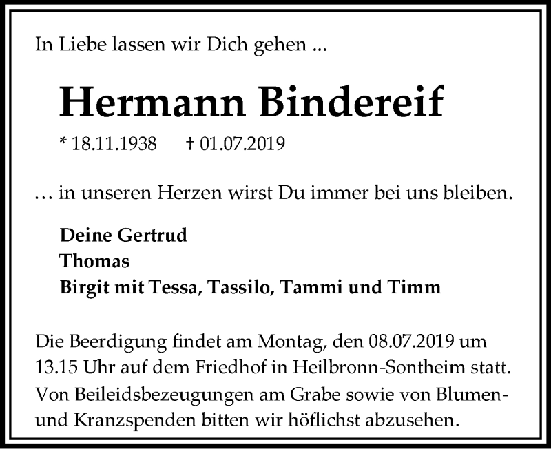  Traueranzeige für Hermann Bindereif vom 04.07.2019 aus 