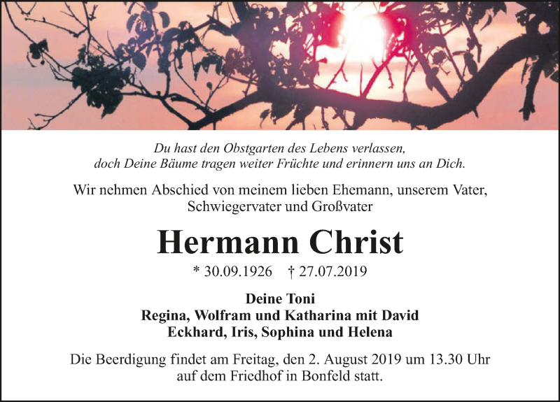  Traueranzeige für Hermann Christ vom 31.07.2019 aus 