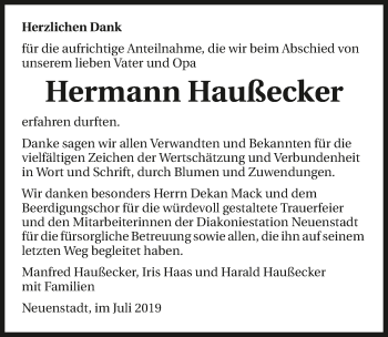 Traueranzeige von Hermann Haußecker 