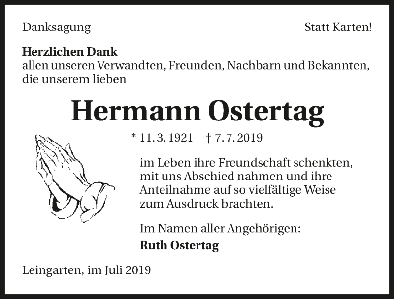  Traueranzeige für Hermann Ostertag vom 20.07.2019 aus 