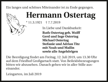 Traueranzeige von Hermann Ostertag 