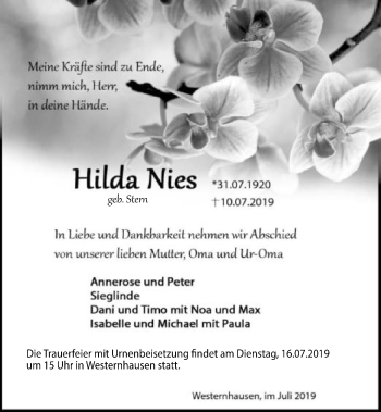 Traueranzeige von Hilda Nies 