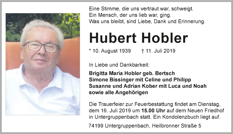  Traueranzeige für Hubert Hobler vom 13.07.2019 aus 