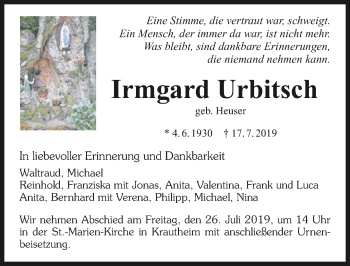 Traueranzeige von Irmgard Urbitsch 