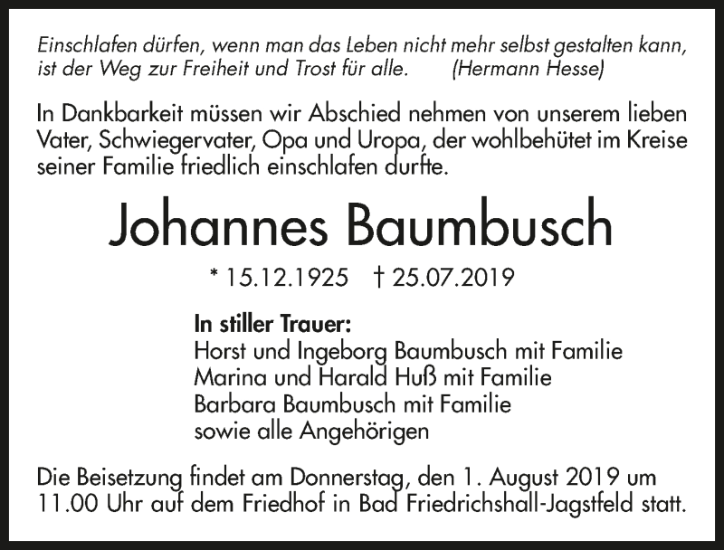  Traueranzeige für Johannes Baumbusch vom 29.07.2019 aus 