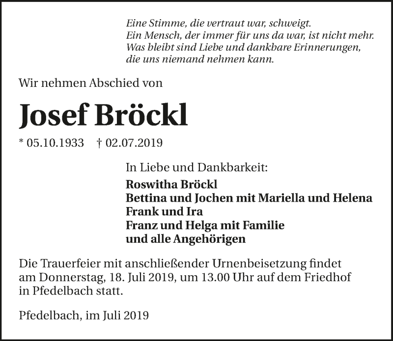  Traueranzeige für Josef Bröckl vom 15.07.2019 aus 