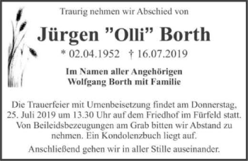 Traueranzeige von Jürgen Borth 
