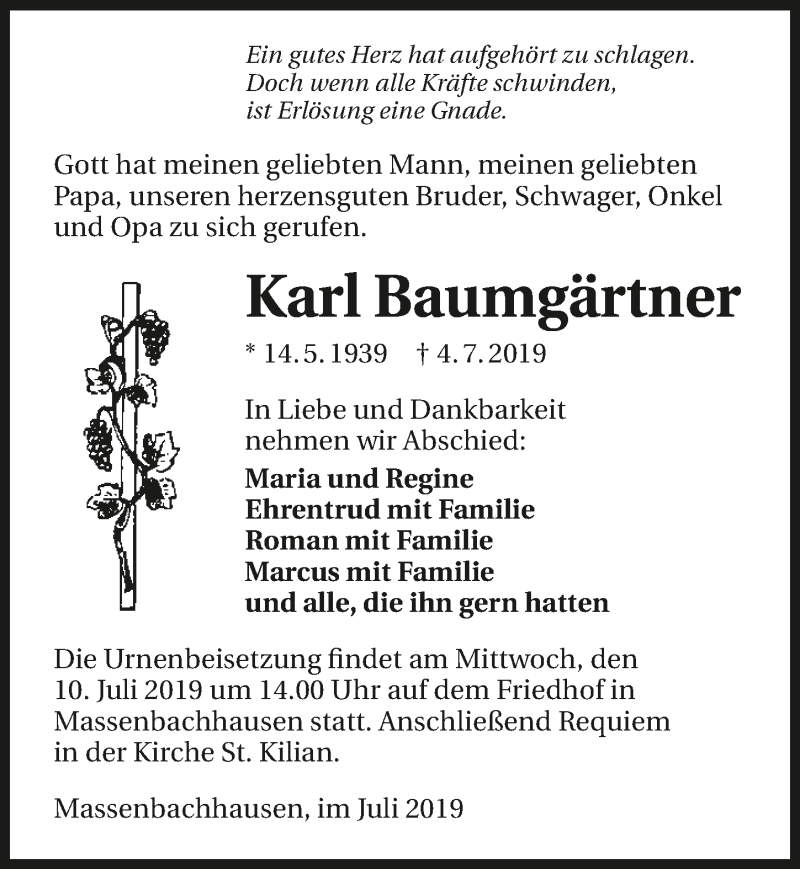  Traueranzeige für Karl Baumgärtner vom 09.07.2019 aus 