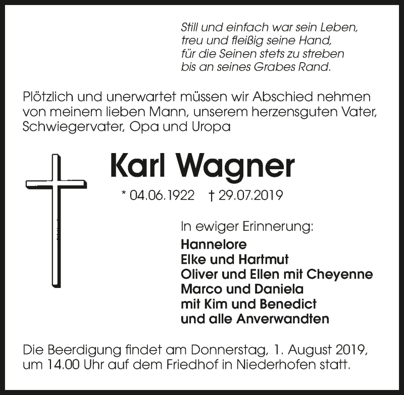  Traueranzeige für Karl Wagner vom 31.07.2019 aus 