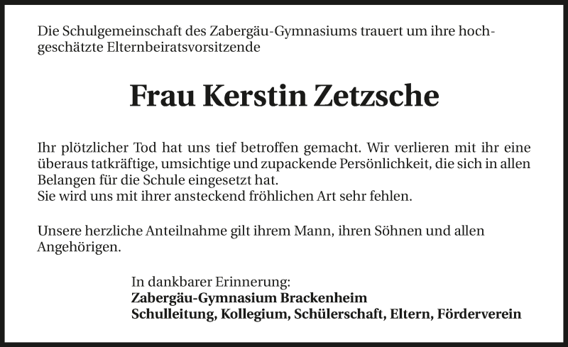  Traueranzeige für Kerstin Zetzsche vom 01.08.2019 aus 