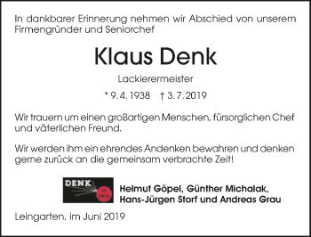 Traueranzeige von Klaus Denk 