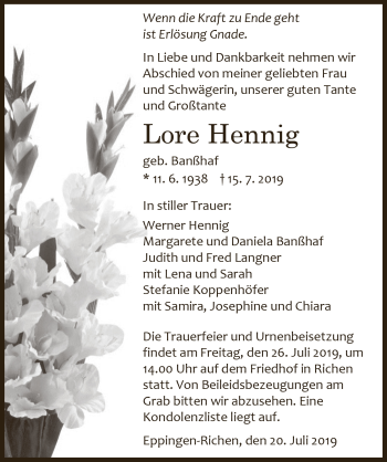 Traueranzeige von Lore Hennig 