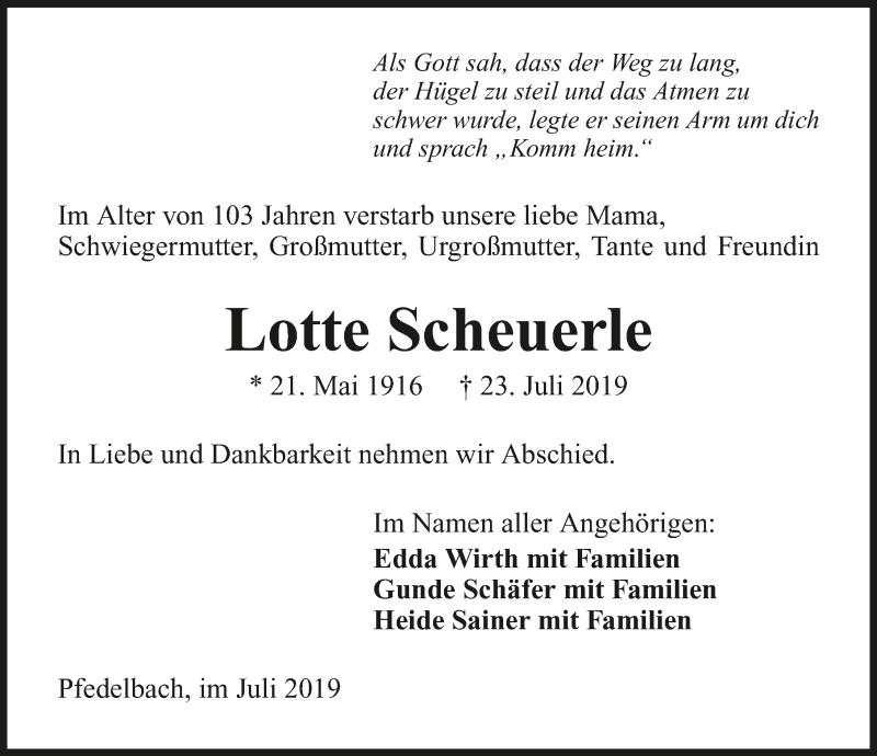  Traueranzeige für Lotte Scheuerle vom 27.07.2019 aus 