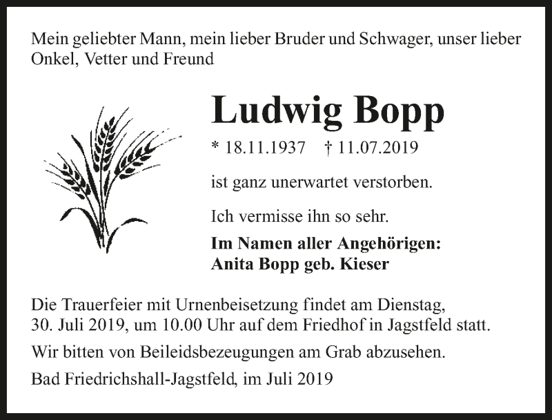  Traueranzeige für Ludwig Bopp vom 27.07.2019 aus 